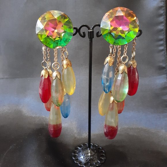 Vintage Aurora Borealis Dangle Clip Earrings four inches - Picture 1 of 10